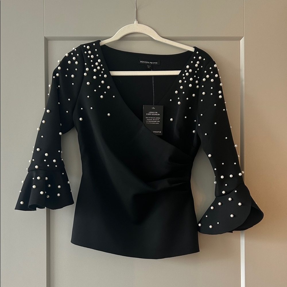 Boston Proper Black Top with Pearl Details